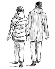Fototapeta na wymiar Sketch of couple young townspeople walking for a stroll