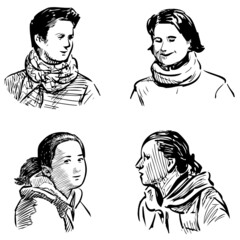 Sketch portraits of various casual  townswomen
