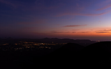 Sunset Panoramic Aerial view over Calderon Hondo Volcano and Lajares Corralejo Fuerteventura