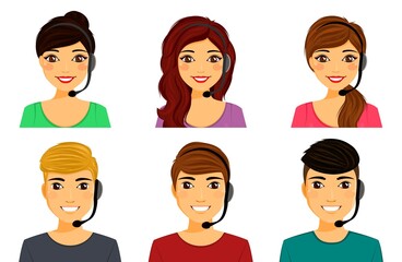 Guys and girls in headphones and microphones call center operators. Customers services and communication vector. Flat style. Cartoon.