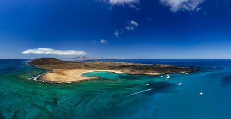 Beautiful Aerial Panorama of the Tropical looking Volcanic island of Lobos Fuerteventura