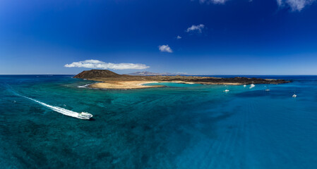 Beautiful Aerial Panorama of the Tropical looking Volcanic island of Lobos Fuerteventura