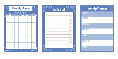 Set of planners template, checklist, daily schedule isolated on white background, printable collection with doodle decoration elements.