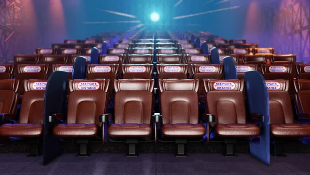 The new normal for pandemic protection: a 3D rendered motion scenario of an empty movie theater with the caption "Keep a Safe Distance."