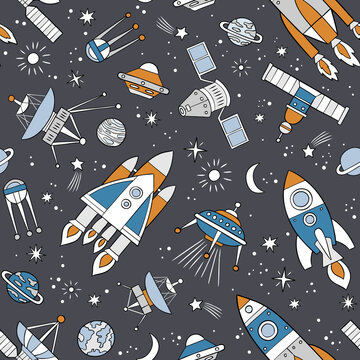 Hand drawn space crafts. Seamless vector pattern on dark grey background. Boyish pattern. Perfect for textile, wallpaper or print design. 
