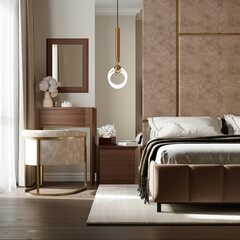 Modern bedroom interior in brown tones with beige tiled wall. 3d rendering