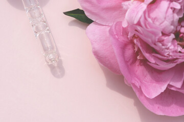 pipette with face serum with a peony flower on a pastel pink backround