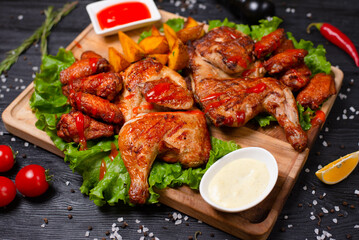 fried chicken with potatoes. on a dark background