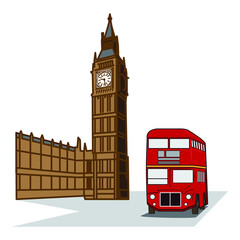 Old red London bus background with Big Ben clock tower of Westminster palace London famous symbols of London England drawing in cartoon vector - obrazy, fototapety, plakaty