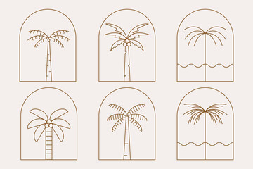 set palm tree badge logo line art vector illustration design