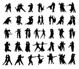 Collection of black silhouettes of a man and a woman dancing tango. Character shadows.