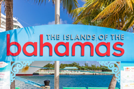 NASSAU, BAHAMAS - OCTOBER 13, 2019: "The Islands of the Bahamas" sign at the Bahamas cruise ship port. This is the sign that all will see as they depart their ships for pictures.