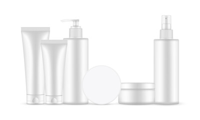 Cosmetic Packaging Mockup. Jar, Tubes, Spray and Pump Bottles. Vector Illustration