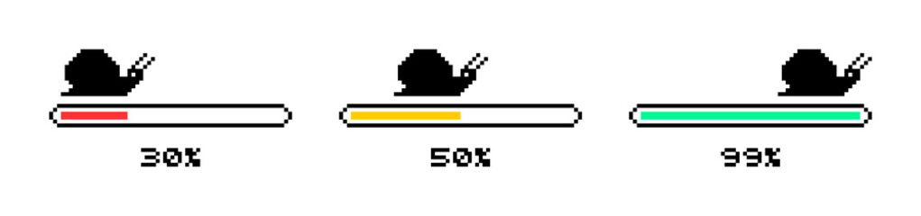 A set of pixel snail illustrations with a loading bar and percentages. © subkontr