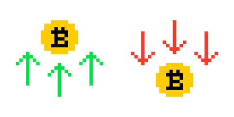 Fototapeta premium Bitcoin icon with up and down arrows. The rise and fall of the cryptocurrency.