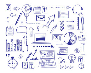 Set of elements for startup design and business strategy concept. Linear doodle vector icons collection in pen drawn style.