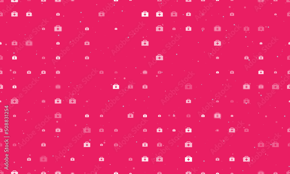 Poster seamless background pattern of evenly spaced white first aid symbols of different sizes and opacity.
