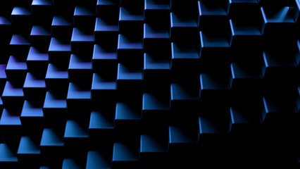 Dark cubes metallic background.Dark blue cubes wallpaper abstract banner.3D render illustration.