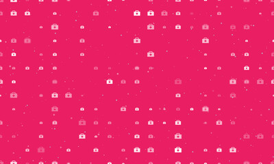 Seamless background pattern of evenly spaced white first aid symbols of different sizes and opacity. Vector illustration on pink background with stars