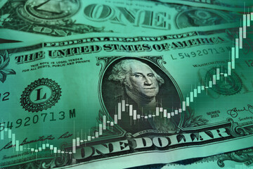 US dollar rising graph. US dollar stock market index chart. Soaring dollar. Strong dollar. Economic recovery of the United States of America. US economic and financial recovery. One dollar bill.