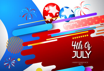 Happy american independence day USA, 4th july, United states of america day. National Celebration Design with Colorful Air Balloon and Typography Letter- Vector Illustration.