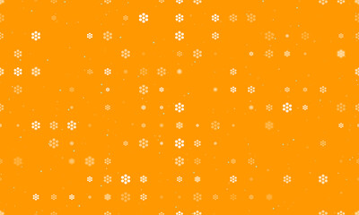 Seamless background pattern of evenly spaced white hive symbols of different sizes and opacity. Vector illustration on orange background with stars
