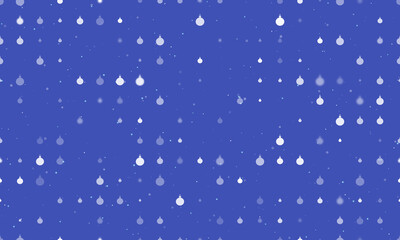 Seamless background pattern of evenly spaced white Christmas tree toys of different sizes and opacity. Vector illustration on indigo background with stars