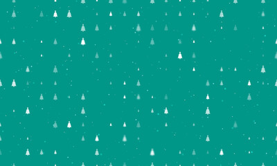 Seamless background pattern of evenly spaced white Christmas trees of different sizes and opacity. Vector illustration on teal background with stars