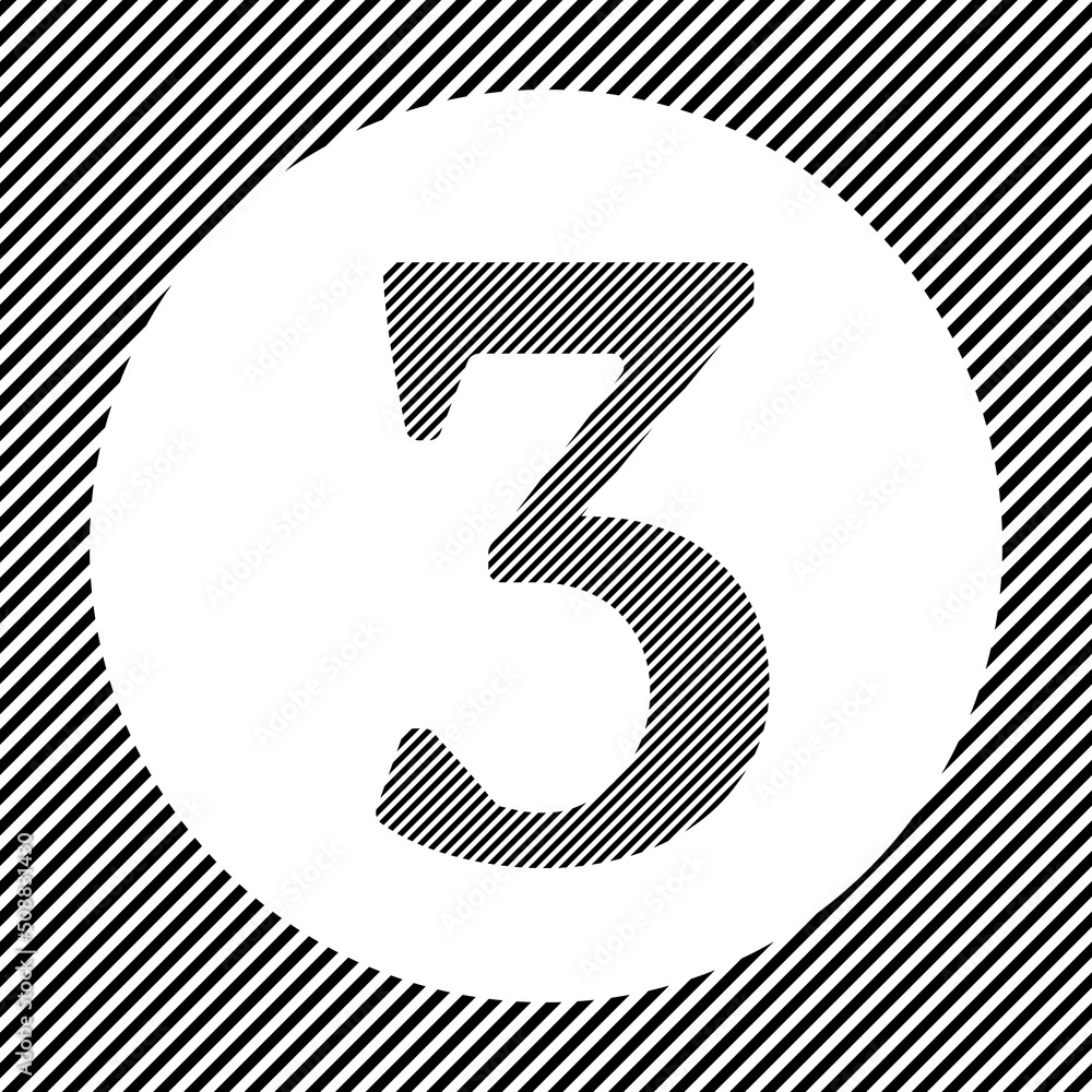 Poster a large number three symbol in the center as a hatch of black lines on a white circle. interlaced ef