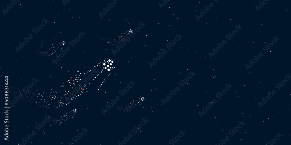 Poster a satellite symbol filled with dots flies through the stars leaving a trail behind. four small symbo
