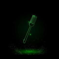A large green outline fork on the center. Green Neon style. Neon color with shiny stars. Vector illustration on black background