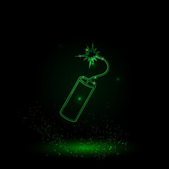A large green outline dynamite symbol on the center. Green Neon style. Neon color with shiny stars. Vector illustration on black background