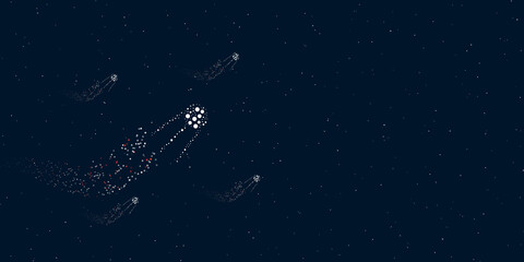Obraz na płótnie Canvas A satellite symbol filled with dots flies through the stars leaving a trail behind. Four small symbols around. Empty space for text on the right. Vector illustration on dark blue background with stars