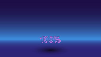 Neon 100 percent symbol on a gradient blue background. The isolated symbol is located in the bottom center. Gradient blue with light blue skyline