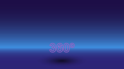 Neon 360 degree symbol on a gradient blue background. The isolated symbol is located in the bottom center. Gradient blue with light blue skyline