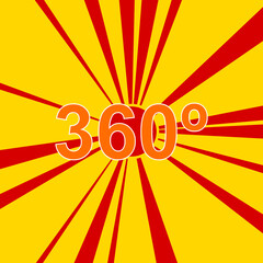 360 degree symbol on a background of red flash explosion radial lines. The large orange symbol is located in the center of the sun, symbolizing the sunrise. Vector illustration on yellow background