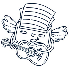 Cute flying doodle-style paper letter with musical instrument guitar. Romantic sticker isolated on a white background. 
