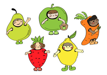 Funny kids in costumes of fruits and vegetables. Cute characters drawn by hand vector illustration.