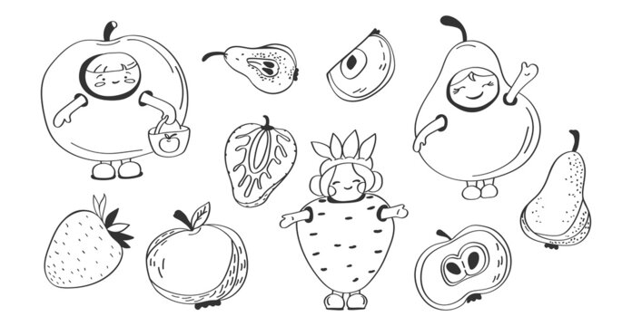 Vector illustration of hand drawn fruits concept. Cute symbols of pear, apple and strawberry, children in fruit costumes. Black line doodle on white background.