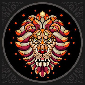 Colorful lion head zentangle arts. isolated on black background.
