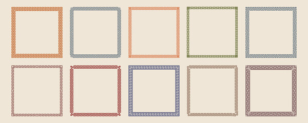 Greek key pattern square frame collection. Decorative ancient meander, greece border ornamental set with repeated geometric motif. Vector EPS10.