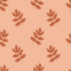 Naklejka na ściany i meble Cute pattern of brown leaves on a beige background. Simple herb pattern
