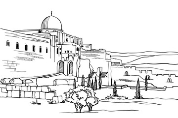 Obraz premium Old Jerusalem. Nice view of the domes and walls of the ancient city. Hand drawn sketch. Urban sketch. Line art. Ink drawing. Black and white vector illustration. Postcards style. Without people.