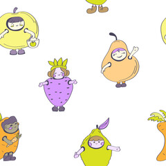 Cute kids fruits characters seamless pattern on white background.