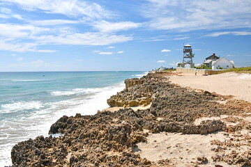 House of refuge with small wooden lighthouse on the coast at Stuart Rocks Beach in south Florida