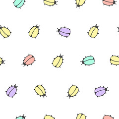 Bright cute beetles on a white background seamless pattern. Summer print template for print fabric and wrapping paper.