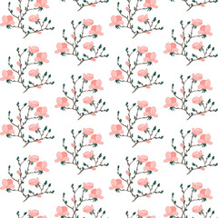 Seamless pattern with flowering magnolia branches. Vector illustration template for printing paper, fabric, wallpaper.