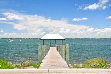 Wooden dock along the intracoastal waterway at Stuart Rocks in Florida