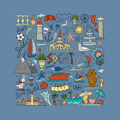 Travel to Sochi, Russian City on Black Sea. Tourism Concept. Art frame for your design