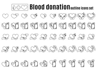 Blood donation outline icons set, medical procedure and life saving